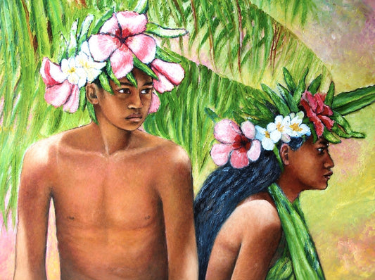 Jeunes Tahitiens aux fleurs